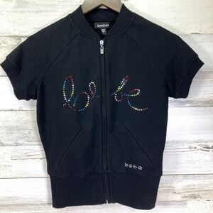bebe Womens Black‎ Rainbow Studded Logo Full Zip Short Slv Sweatshirt Size S